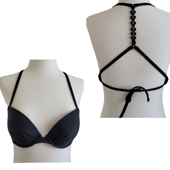 Aerie Perkier Push Up metal ring embellished bikini top black  32B - Picture 1 of 14
